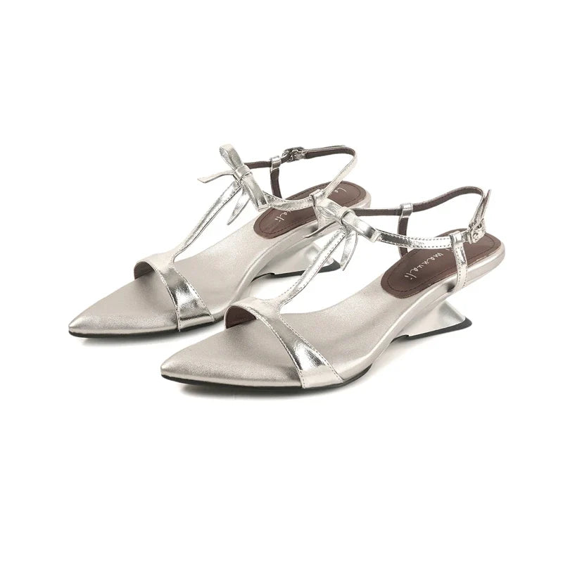 Leather Sheepskin Pointed Bow Wedge Heel