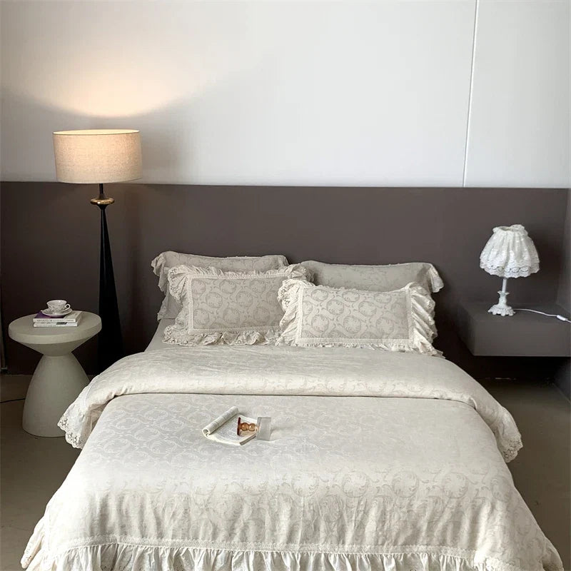 Vintage French Large Lace Ruffles Natural Cotton Linen Princess Bedding Set