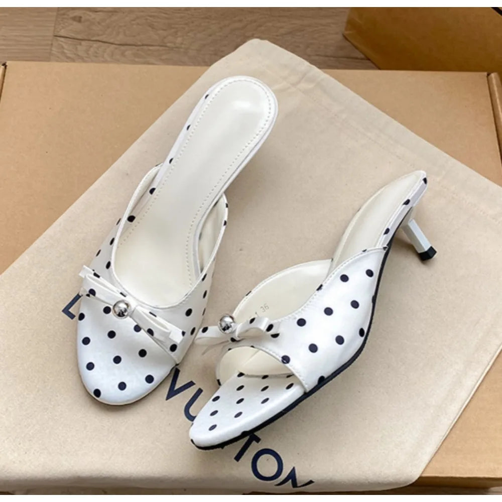 Polka Dot Open Toe Woman Slippers Elegant Stripper Thin Heels