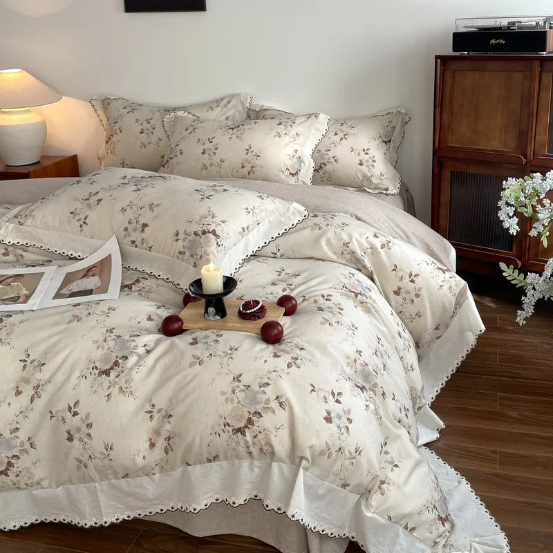 Vintage Floral Print Lace Luxury Bedding Set
