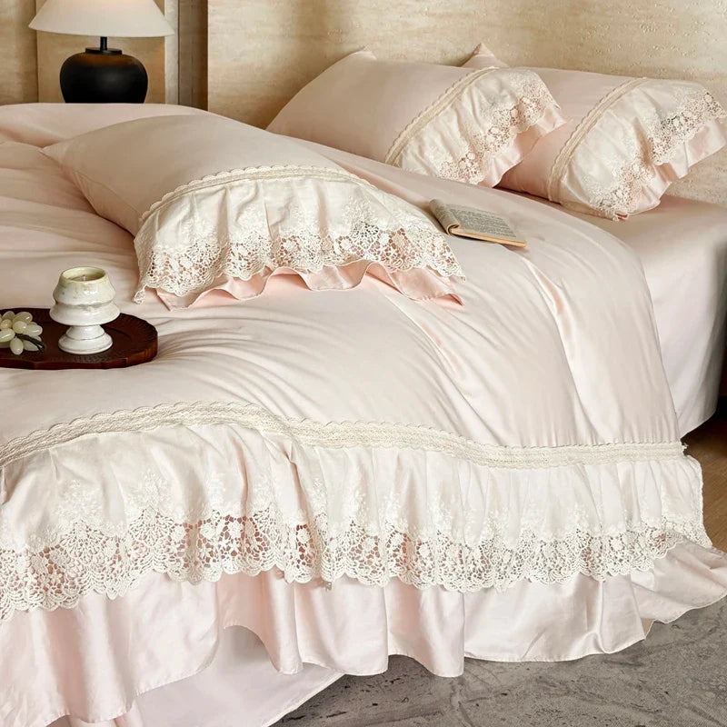 600TC Egyptian Cotton Romantic Lace Ruffles Princess Bedding Set