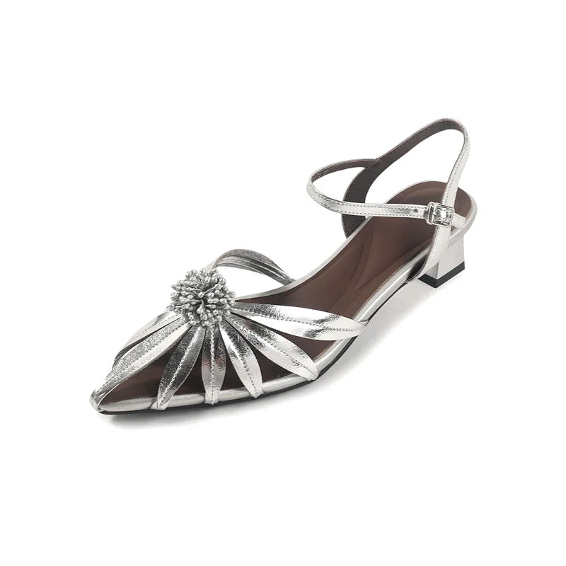 Sheepskin Flower Hollow Breathable High-Heeled High-End French Toe Sandals