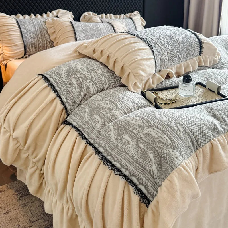 French Princess Style Velvet Duvet Cover Set Thick Coral Velvet Double-sided Plush Bedding Set