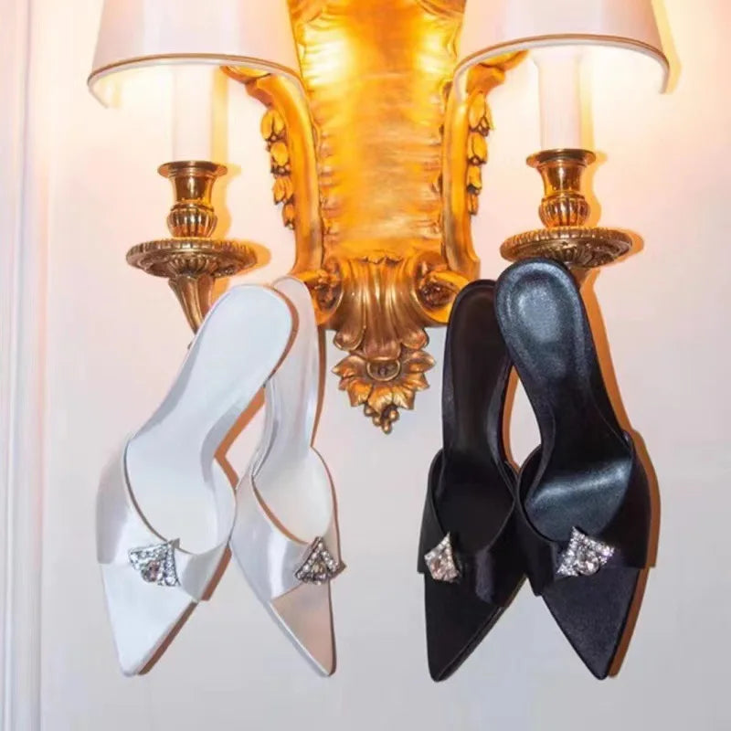 Wedding Slippers Ladies Satin Rhinestone Slides Ladies Bridesmaid Slippers Solid Color Women Heels