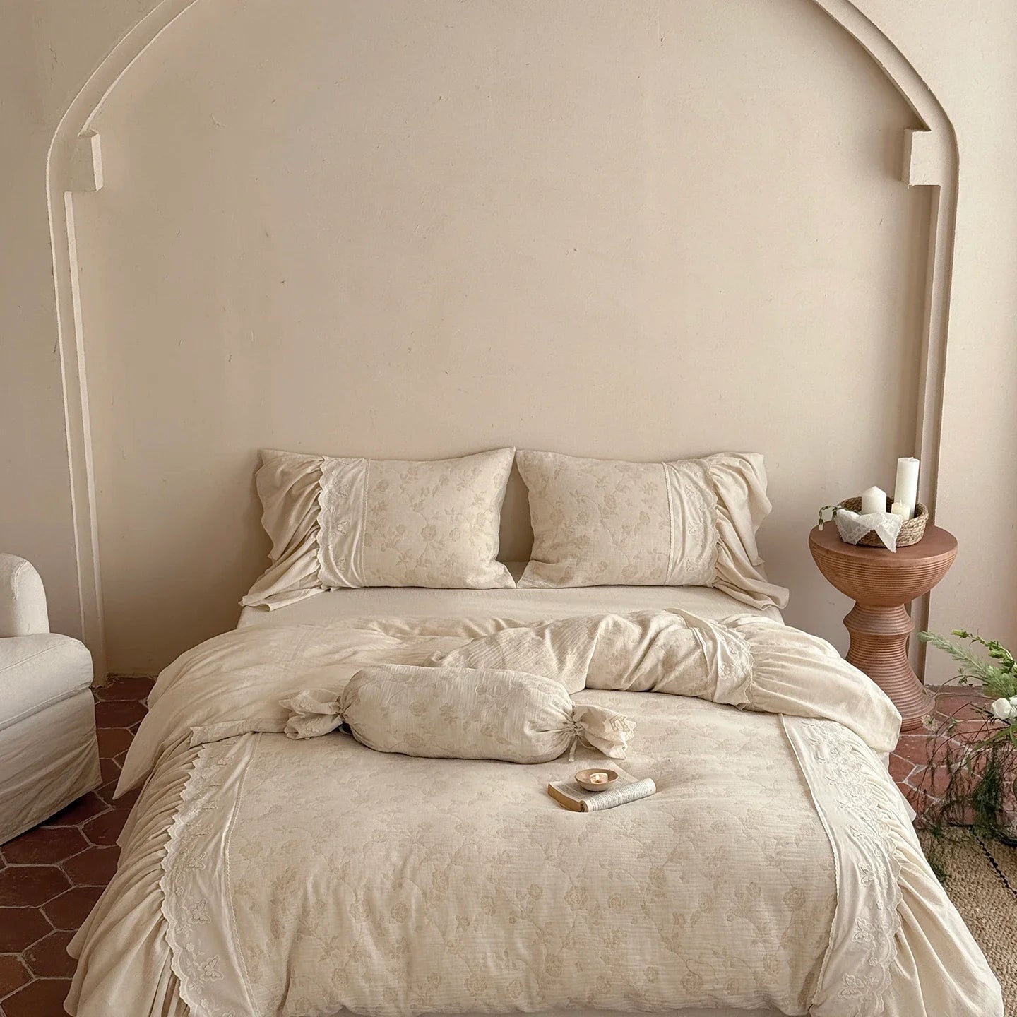 Vintage French Butterfly Lace Ruffles Cotton Linen Blend Jacquard Bedding Set