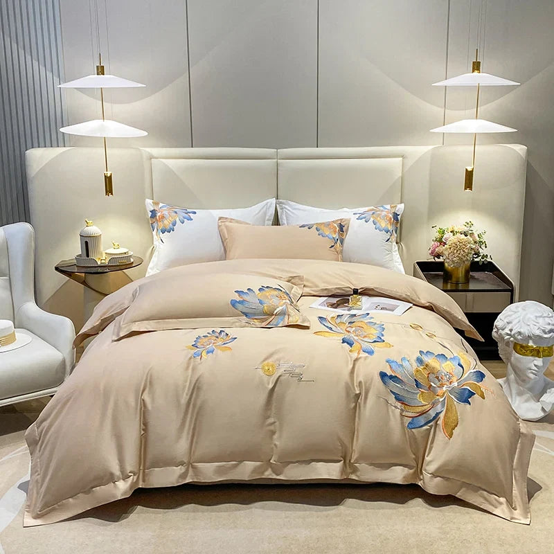 Luxury 1000TC Egyptian Cotton 4Pcs Bedding Set, Flower Embroidery Soft Hotel Grade Duvet Cover & Sheet Set With Pillowcases