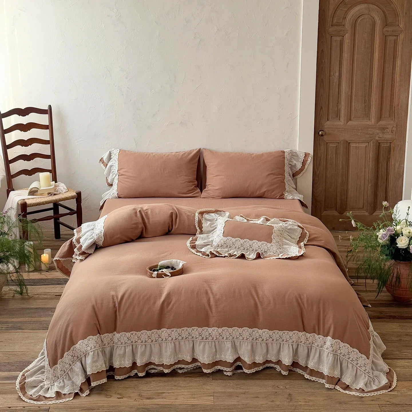 Romantic Double Layer Lace Ruffles 100% Cotton Double Gauze Princess Wedding Bedding Set
