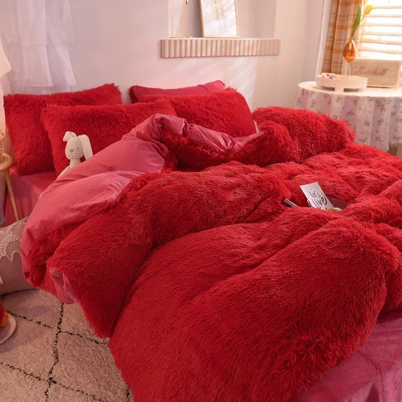 Solid Color Fluffy Long Plush Winter Bedding Set