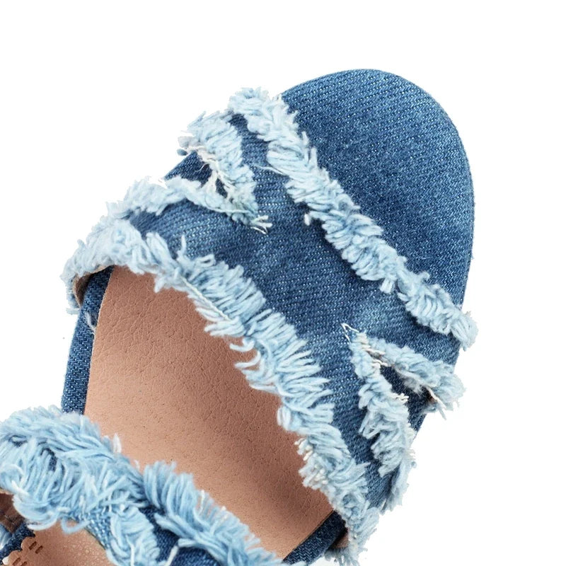 Waterproof Platform Thick Sole Open Toe Denim Back Zipper High Heel