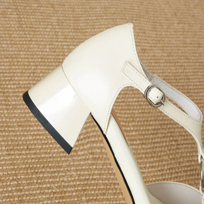 leather cowhide round toe elastic metal buckle high Heels