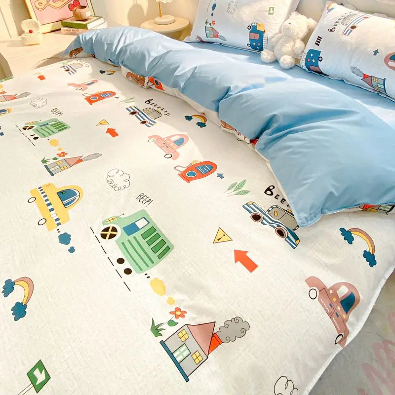 Kawaii Duvet Cover Set Cartoon Printed with Zipper Bed Sheet Pillowcases No Filler Twin Queen Size Adult Kids Bedding Linens