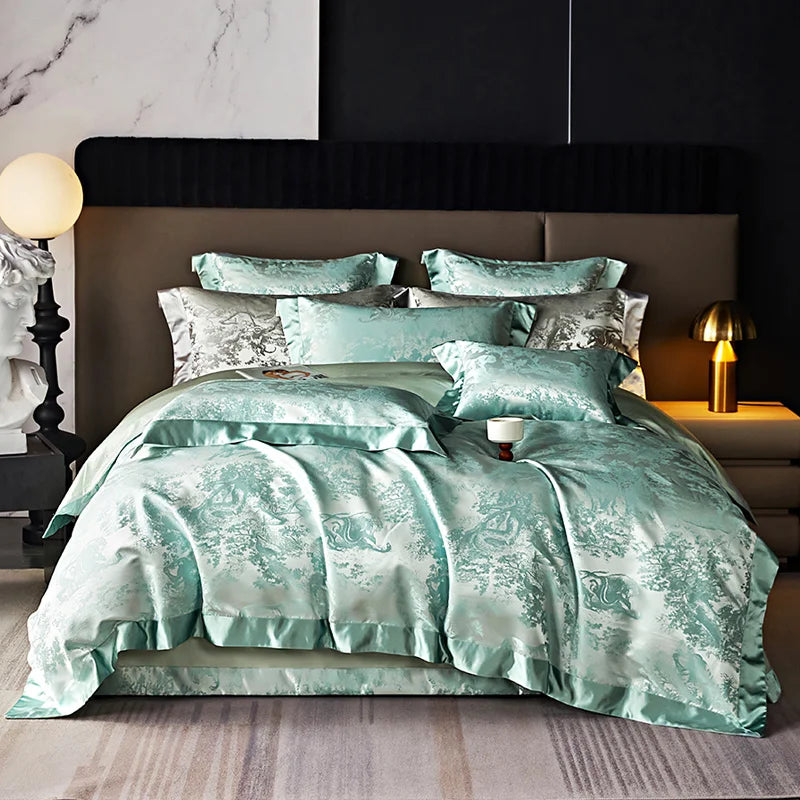 4/6Pcs Luxury Beige Gold Brocade Jacquard Egyptian Cotton Patchwork Bedding Set