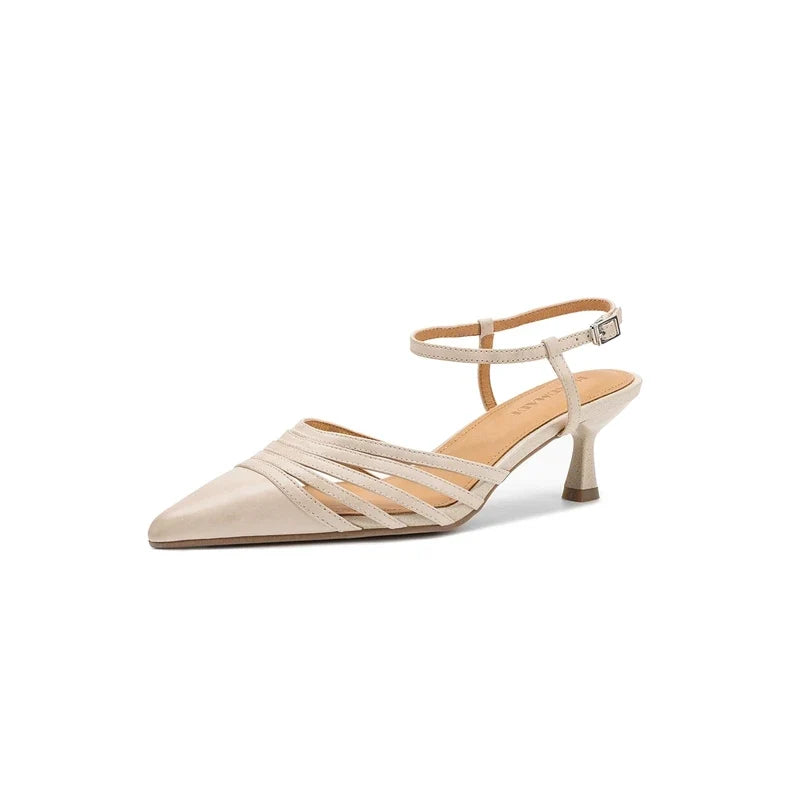 leather cowhide pointed elastic band high Heel