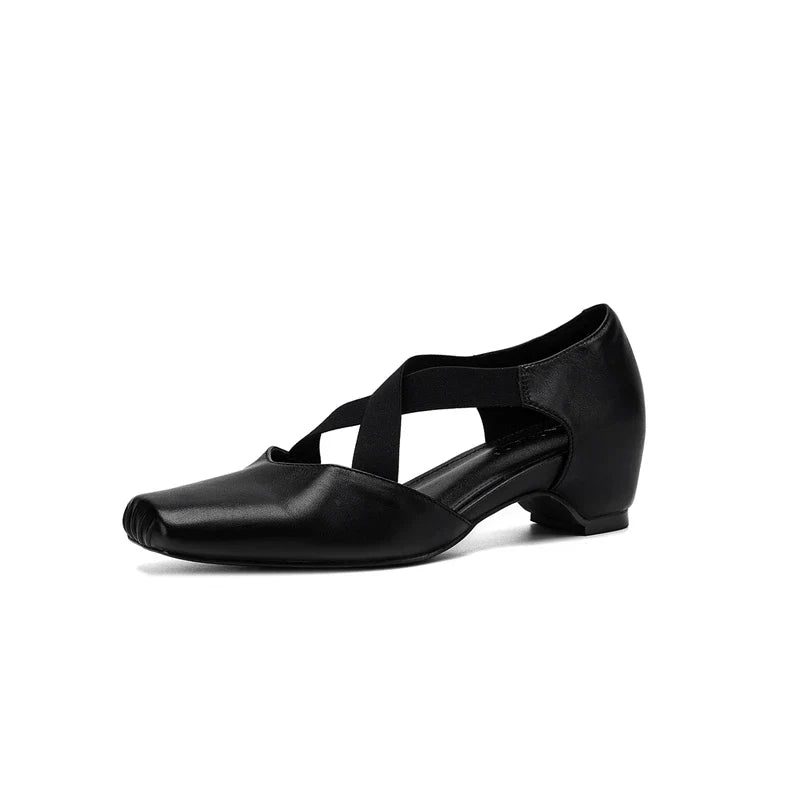 cowhide square toe cross strap high Heel