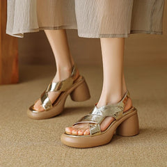 leather cowhide round toe thick sole loose grip high Heels