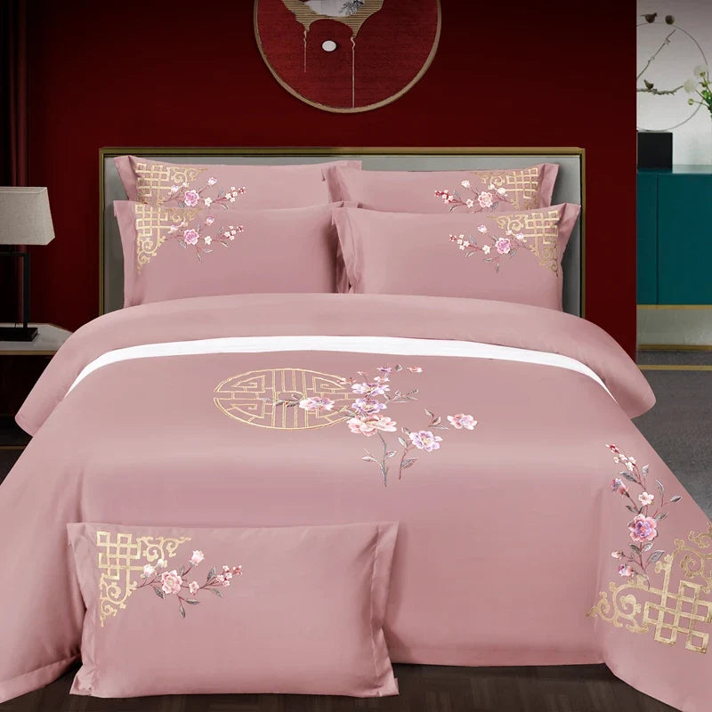 100% Cotton Luxury Oriental Golden Geometric Pattern Flowers Embroidery Bedding Set