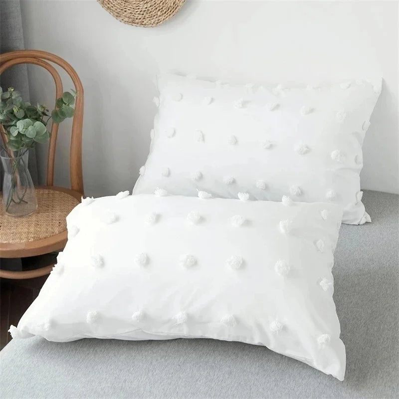 White Tufted Pom Pom Duvet Cover Set Soft Single Double Bedding Solid Color Quilt Cover with Pillowcases Queen King Bed Linen