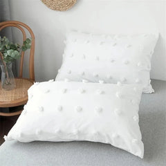 White Tufted Pom Pom Duvet Cover Set Soft Single Double Bedding Solid Color Quilt Cover with Pillowcases Queen King Bed Linen