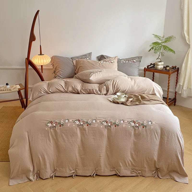 Vintage Floral Embroidered Lace-Up White Bedding Set