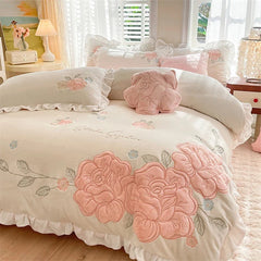 Flowers Embroidery Ruffles Velvet Soft Bedding Set
