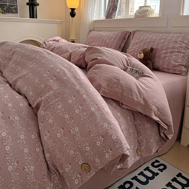 Korean Button Style Floral Print Bedding Set