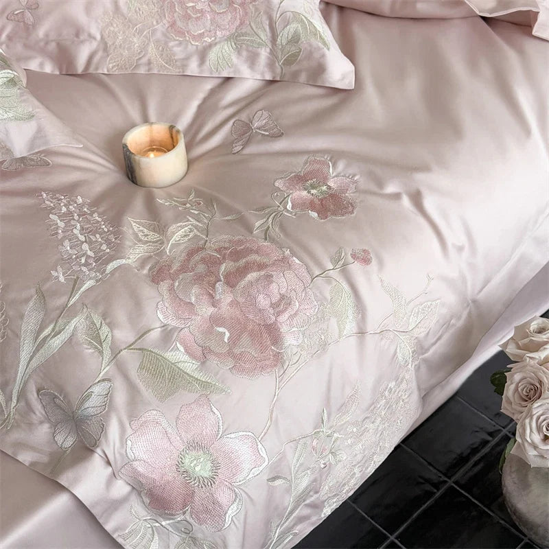 Premium 600TC Egyptian Cotton Luxury Flowers Butterfly Embroidery Pink Bedding Set