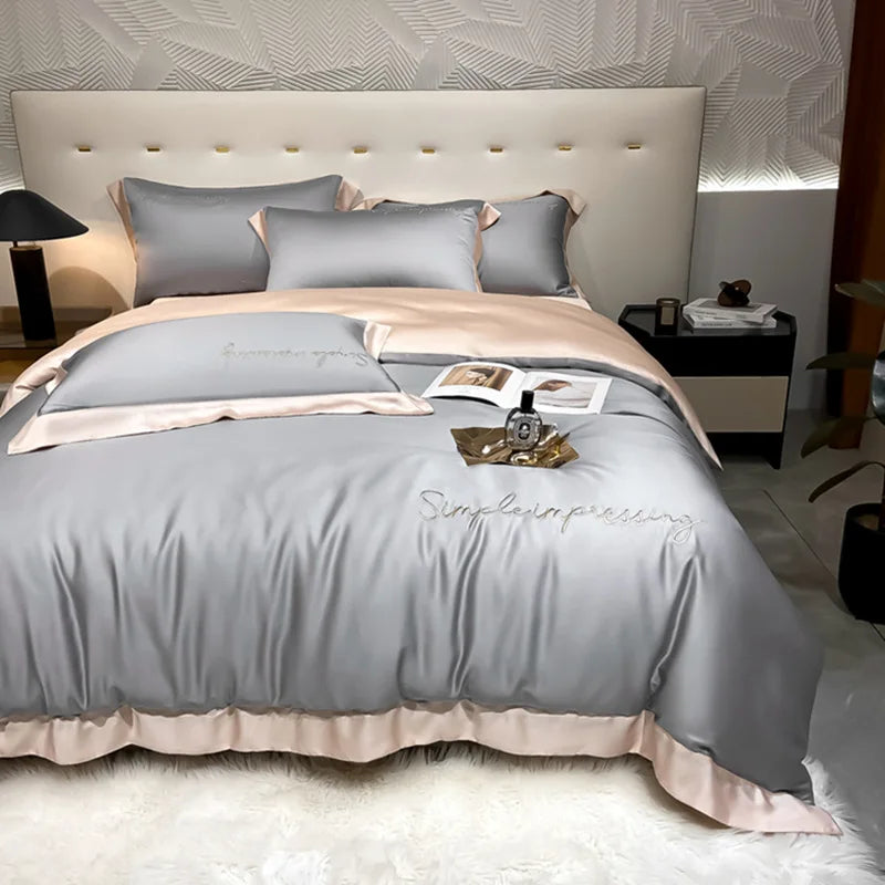 Class A 100% Lyocell Four Piece Set Ice Cold Feeling Silk Duvet Cover Smooth Bedding for Bedroom