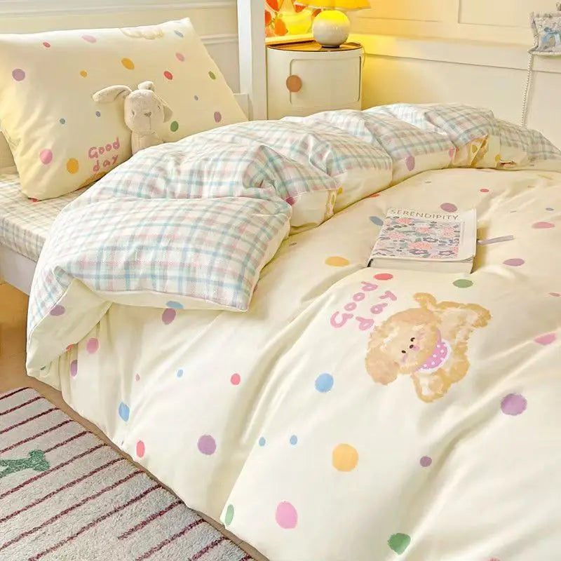 Kawaii Duvet Cover Set Ins Style Soft Touch Double Queen Size Flat Sheet Pillowcase Home Hotel Decor Bedding Set