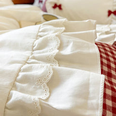 100% Cotton Korean Princess Style Bow Plaid Lace Ruffles Patchwork Bedding Set