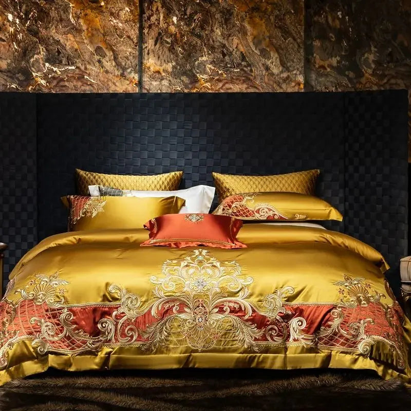 4/6/7Pcs European Luxury Gold Embroidery Satin 1000TC Egyptian Cotton Bedding Set