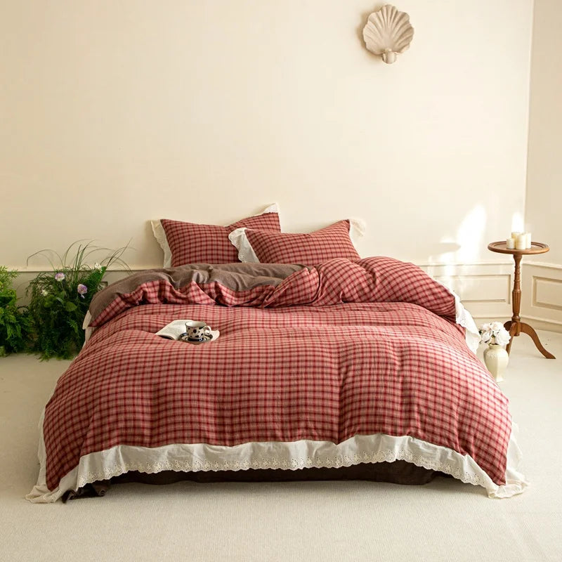 Vintage Plaid Style Lace Ruffles 100% Cotton Soft Comfortable Bedding Set