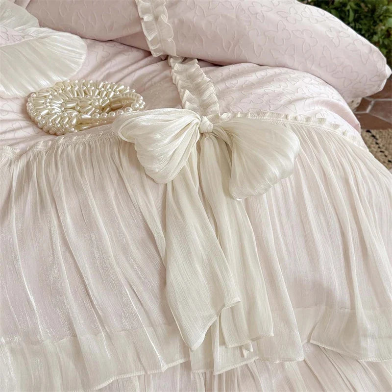 4Pcs Pink Ruffle Bow Lace Princess Wedding Bedding Set