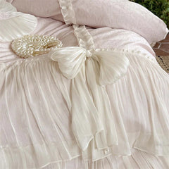4Pcs Pink Ruffle Bow Lace Princess Wedding Bedding Set