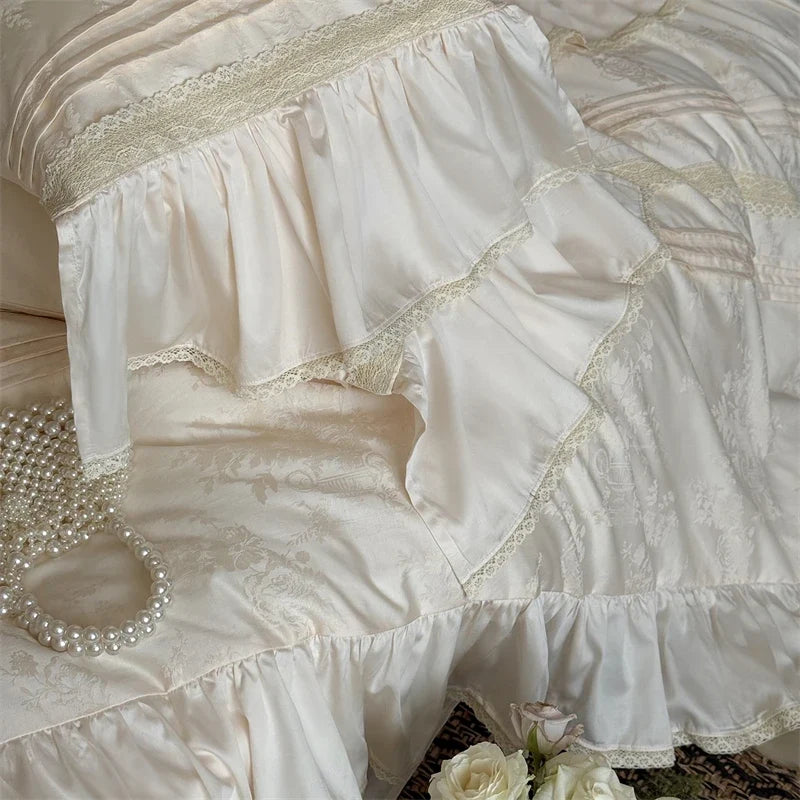 Vintage Embossed Jacquard Lace Ruffles Bedding Set