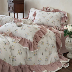 Floral Prints Double Layer Ruffles Bedding Set