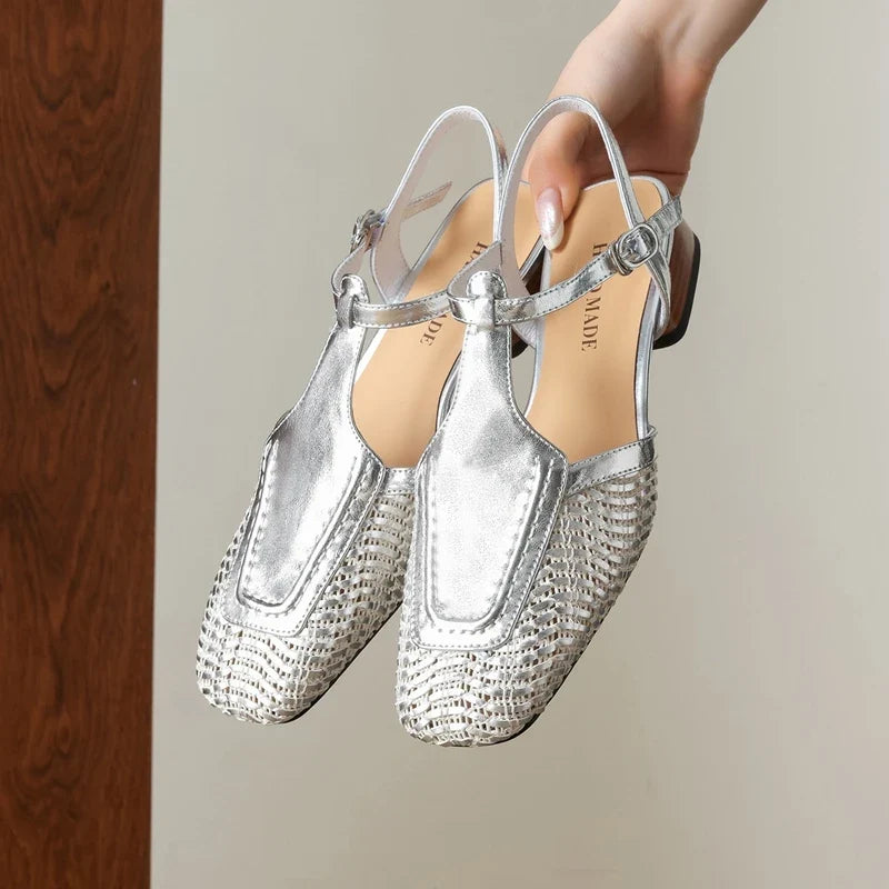 leather cowhide hollow weave low Heel