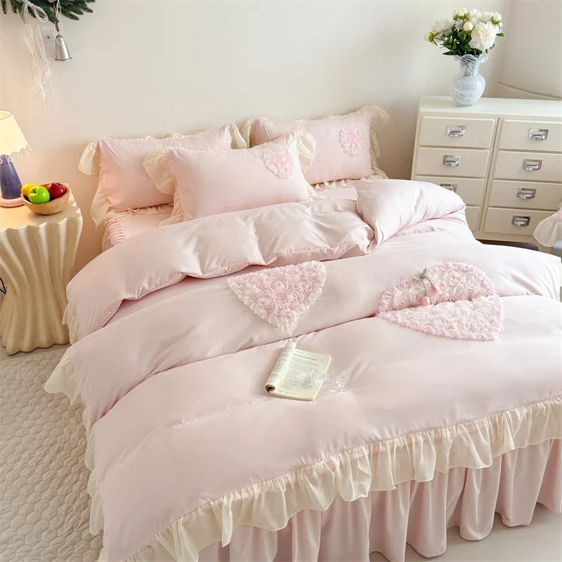 3/4Pcs French Princess Style Washed Cotton Embroidered Pink Rose Bed Skirt Fitted Sheet 200X230 Quilt Cover Bedding Set