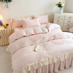3/4Pcs French Princess Style Washed Cotton Embroidered Pink Rose Bed Skirt Fitted Sheet 200X230 Quilt Cover Bedding Set