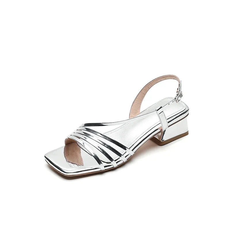Leather Cowhide Square Toe Elastic Hollow Breathable Mid Heel