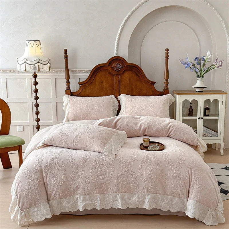 Vintage French Carved Velvet Lace Ruffles Luxury Warm Winter Pink Bedding Set