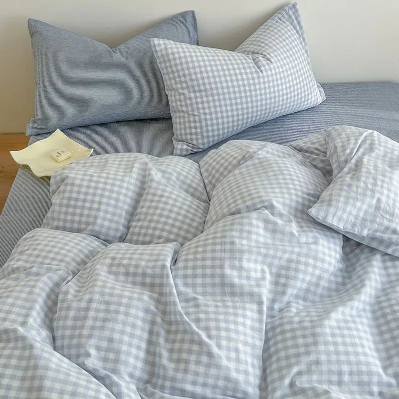 Nordic Duvet Cover Set with Zipper Simple Plaid Flat Sheet Pillowcases No Filler Pink Blue Hotel Twin Queen Size Bedding Set