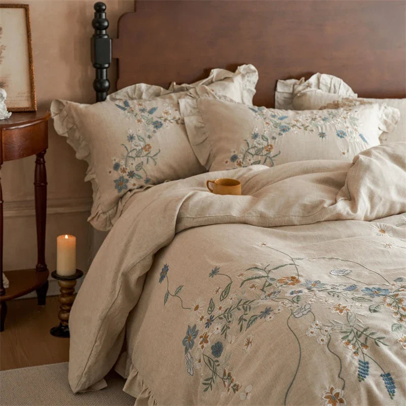 100% Pure Linen Vintage Flowers Embroidery Ruffles Luxury Bedding Set