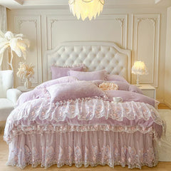Butterfly Embroidery Lace Ruffles Carved Velvet Winter Thickened Bedding Set