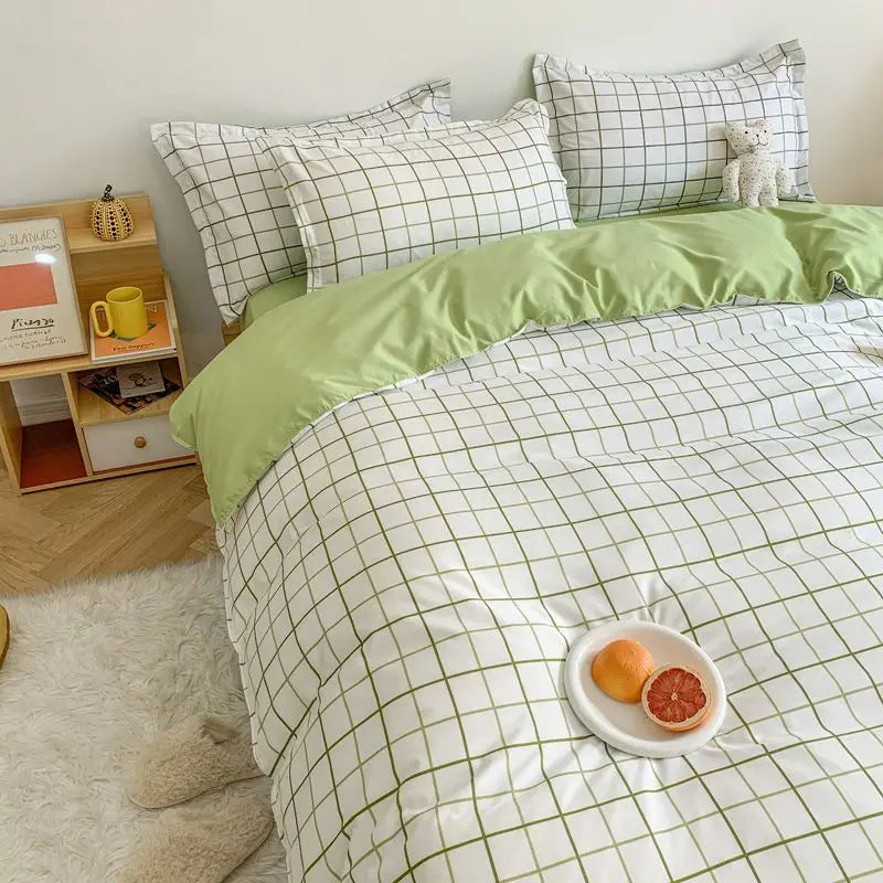 Ins Orange Checkerboard Duvet Cover Flat Sheet Pillowcases Twin Full Double Size Pink Blue Bedding Set