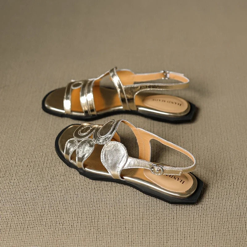 leather cowhide hollow out breathable low Heel