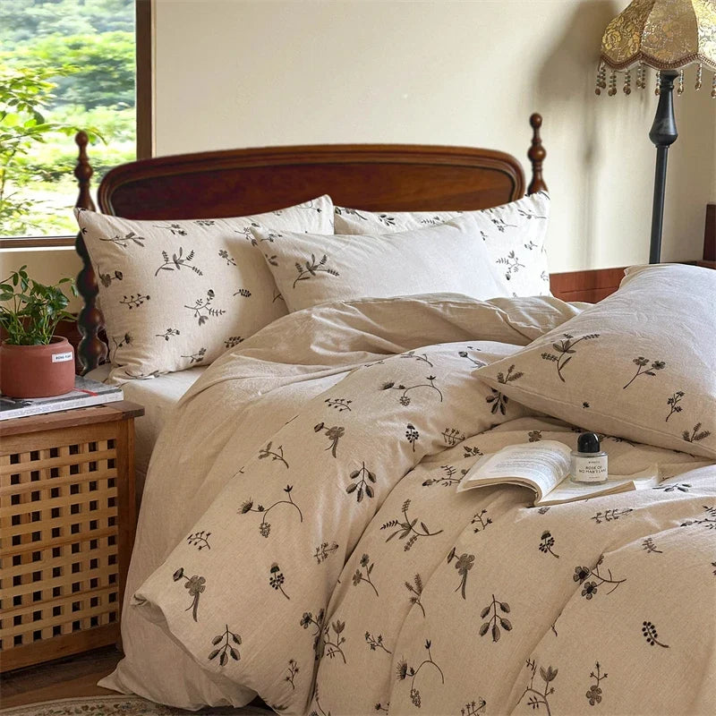 Bohemian Cotton Linen Bedding Set, Ethnic Floral Embroidery, Vintage Farmhouse Duvet Cover Flat/Fitted Bed Sheet Pillowcase 4Pcs