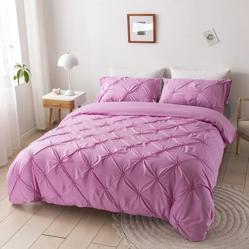 3D Buttoned Pleated Quilt Cover Set 100% Polyester Fabric Soft Skin-friendly Duvet Cover and Pillowcases Solid Color Bedding Set
