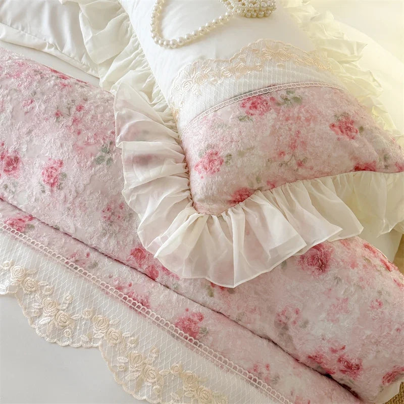 3/4Pcs French Romantic Lace Printed Ruffle Bedskirt Queen Size Quilt Cover Princess Style Boiled Cotton Double Bedding Set