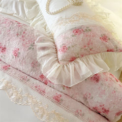 3/4Pcs French Romantic Lace Printed Ruffle Bedskirt Queen Size Quilt Cover Princess Style Boiled Cotton Double Bedding Set