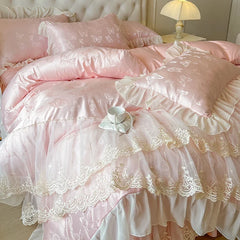 4/6Pcs Pink Butterfly Jacquard Three-layer Lace Ruffles Princess Wedding Bedding Set